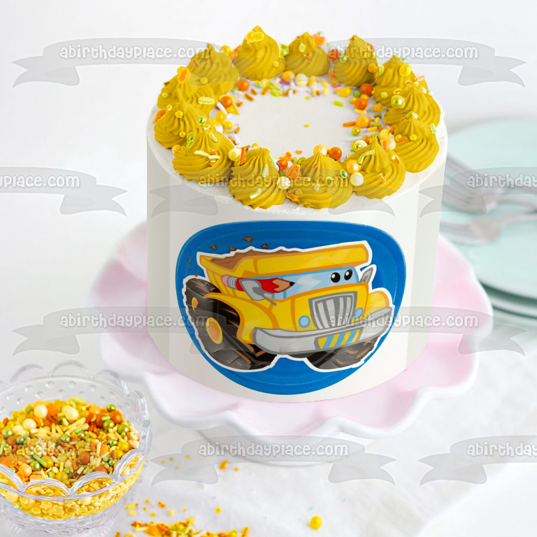 Construcción camión volquete amarillo lápiz fondo azul adorno comestible para tarta imagen ABPID00271