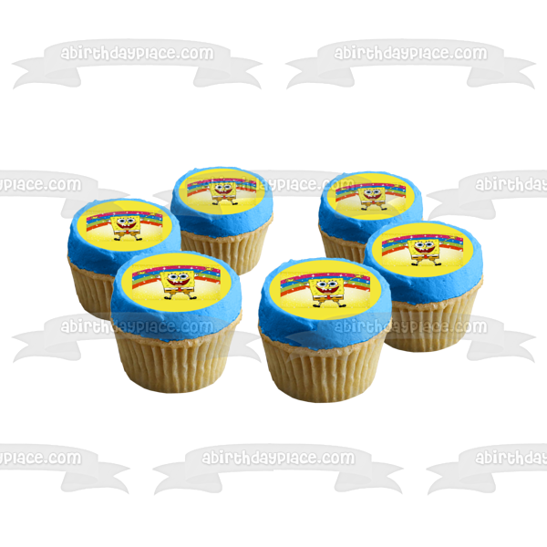 SpongeBob SquarePants Jumping Rainbow Yellow Background Edible Cake Topper Image ABPID00386