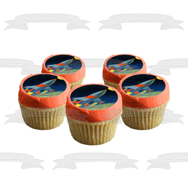 Outer Space Rocket Ship Moon Edible Cake Topper Image ABPID00561