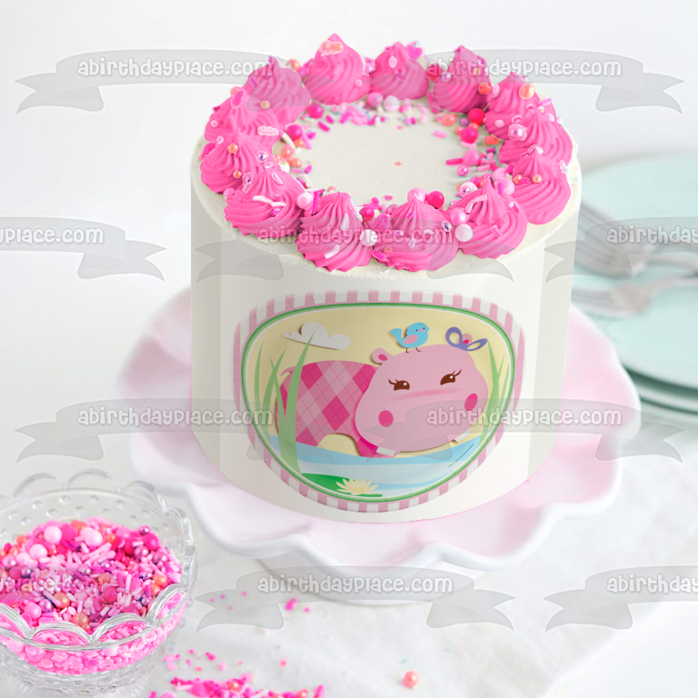 Pink Hippo with Blue Bird Edible Cake Topper Image ABPID00712