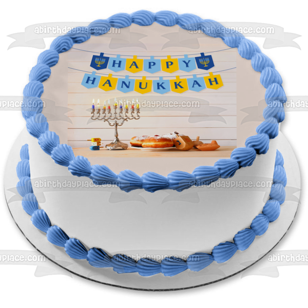 Happy Hanukkah Banner Menorah Dreidel Edible Cake Topper Image ABPID55120