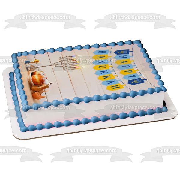 Happy Hanukkah Banner Menorah Dreidel Edible Cake Topper Image ABPID55120