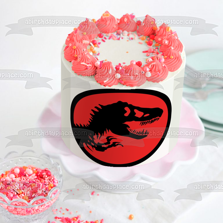 Jurassic Park Logo Tyrannosaurus Rex Red Background Edible Cake Topper Image ABPID01207