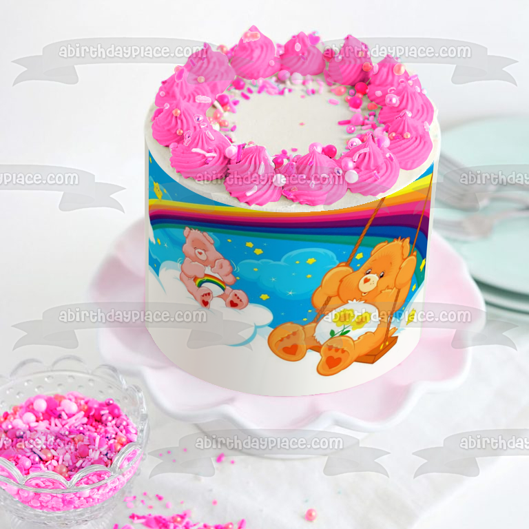 Care Bears Swinging Rainbow Stars Clouds Cheer Bear and Friend Bear Edible Cake Topper Image ABPID01334