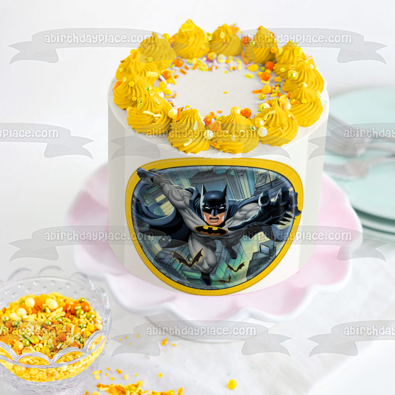 Batman Flying Over City Yellow Round Edge Edible Cake Topper Image ABPID01391