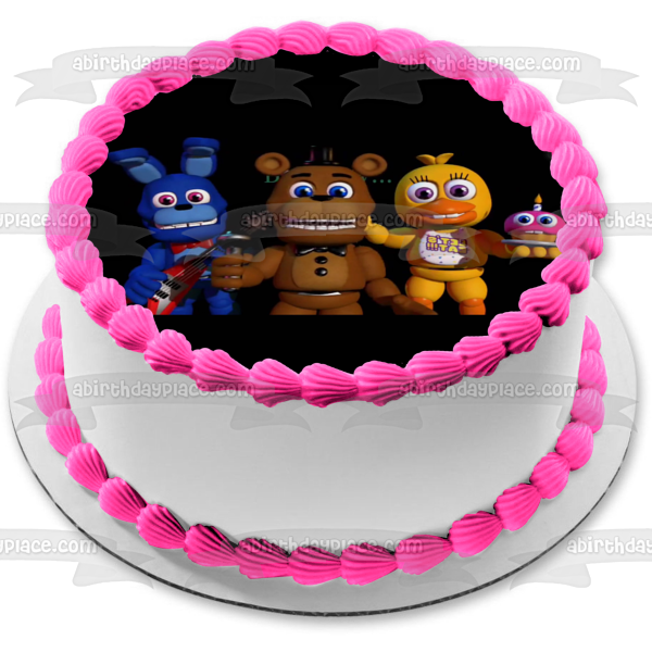 Five Night's at Freddy Babies Chica Bonnie Cupcake with a Black Background Edible Cake Topper Image ABPID01489