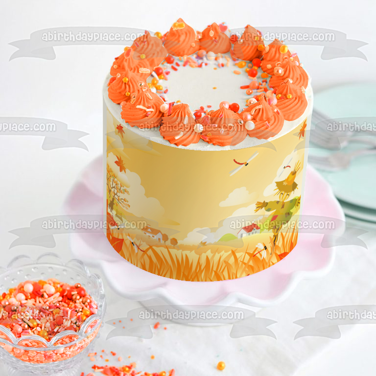 Imagen de adorno comestible para tarta con escena de espantapájaros y libélula de otoño ABPID01861