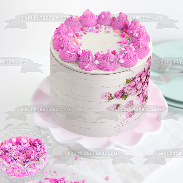 White Wood Panel Pink Flowers Edible Cake Topper Image ABPID01984
