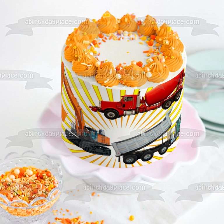 Construction Trucks Cement Truck Dump Truck and an Excavator Edible Cake Topper Image ABPID01890