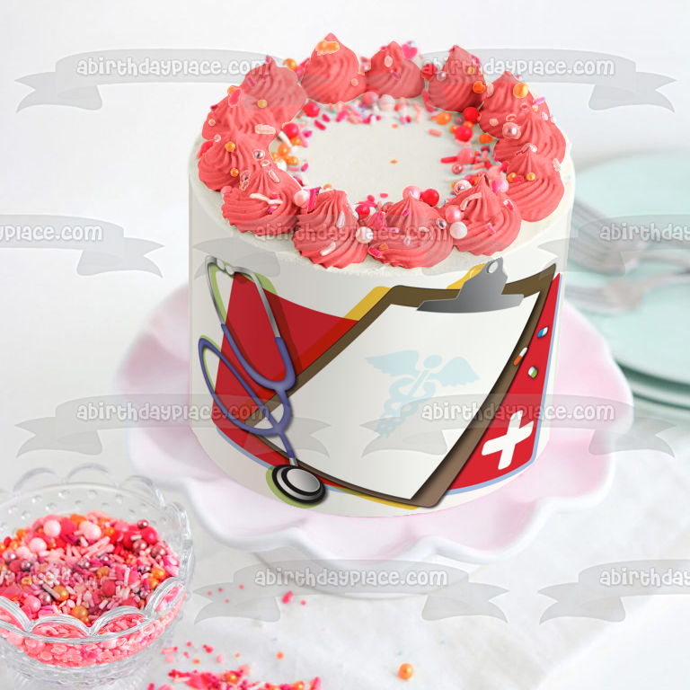 Nurse Doctor Clipboard Medicine and a Stethoscope Edible Cake Topper Image ABPID03159