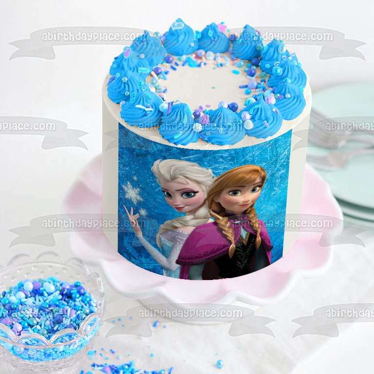 Imagen de decoración comestible para tarta comestible de Elsa y Anna de Frozen con copos de nieve ABPID03225
