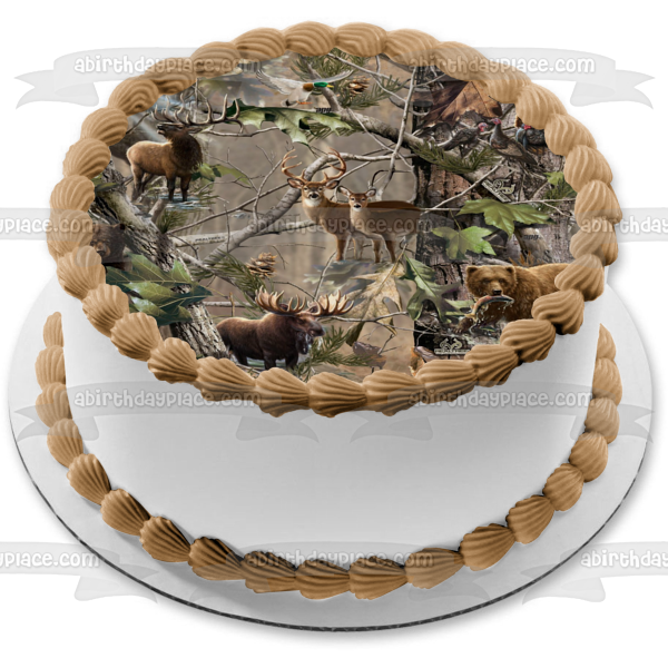 Camouflage Hunting Deer Bear Moose Turkey and a Tree Edible Cake Topper Image ABPID03239