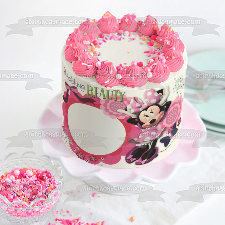 Marco de imagen comestible para decoración de tarta con flores y lazos de Minnie Mouse ABPID03420