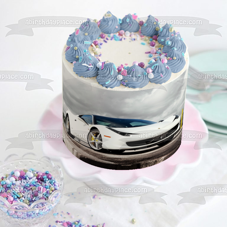 Ferrari 458 Italia White Sports Car Edible Cake Topper Image ABPID03573