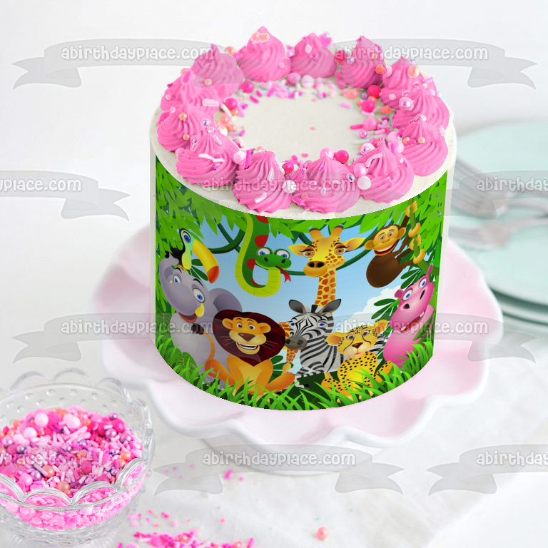 Jungle Safari Animals Elephant Snake Monkey Giraffe Zebra Leapord Lion Hippopotamus and a Toucan Edible Cake Topper Image ABPID03488