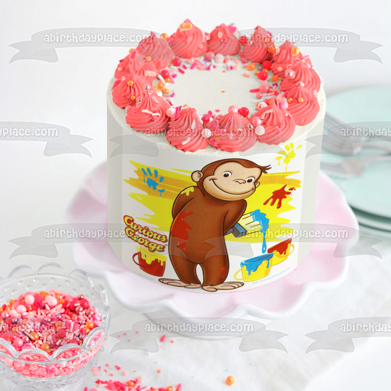 Curious George with Paint Buckets Edible Cake Topper Image ABPID03822