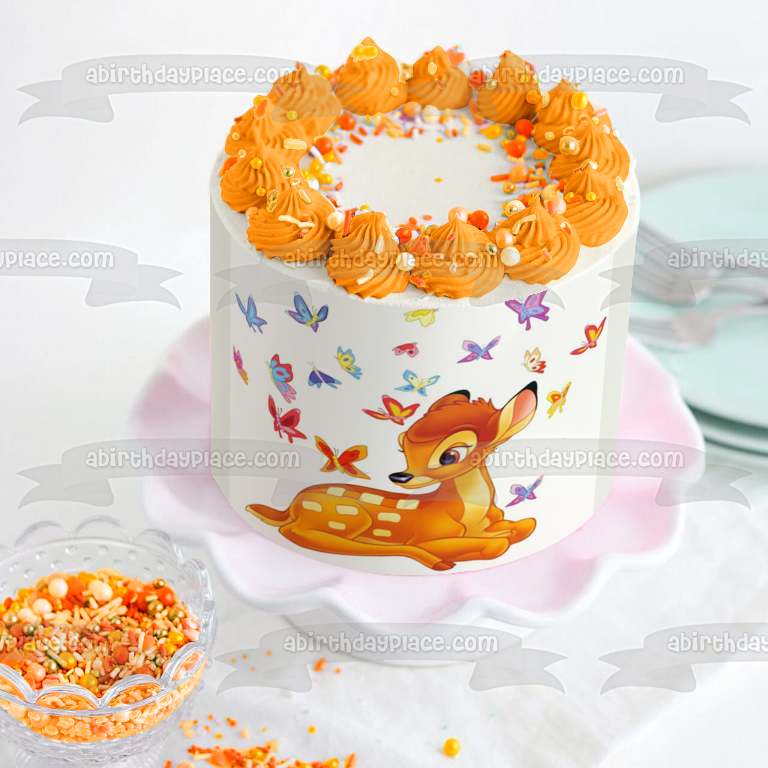 Bambi y mariposas azules, rojas y moradas, decoración comestible para tarta, imagen ABPID03665
