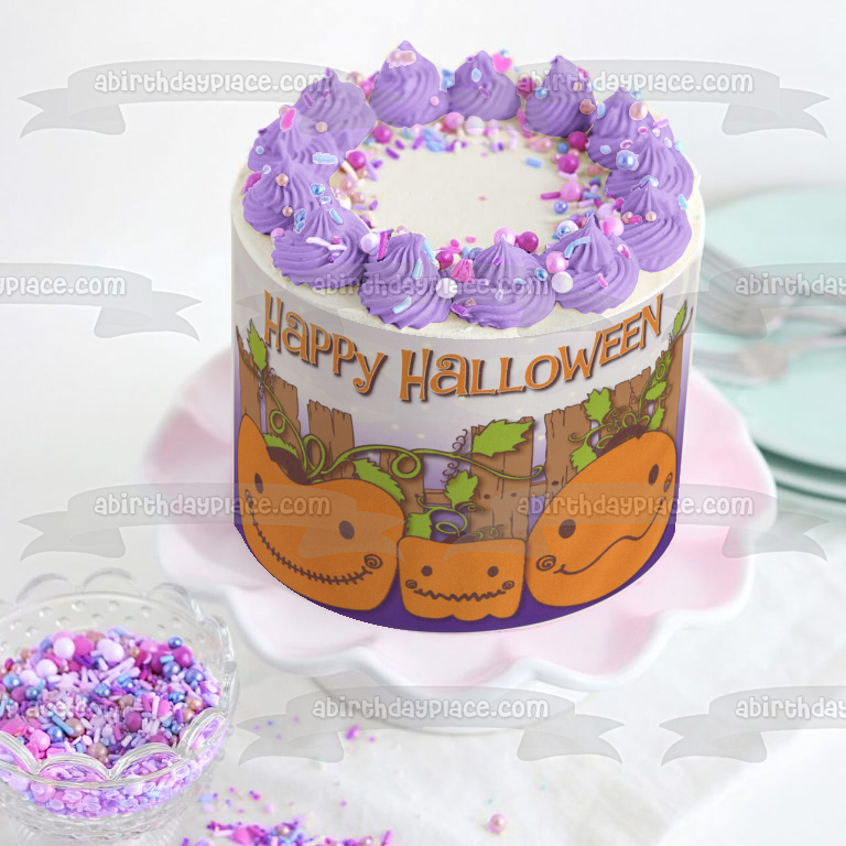 Happy Halloween Pumpkins and Leaves Edible Cake Topper Image ABPID03974