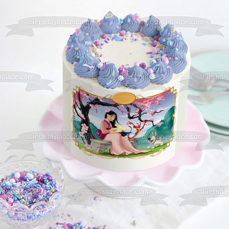 Mulan Plum Tree Bench Paper and a Dog Edible Cake Topper Image ABPID04006