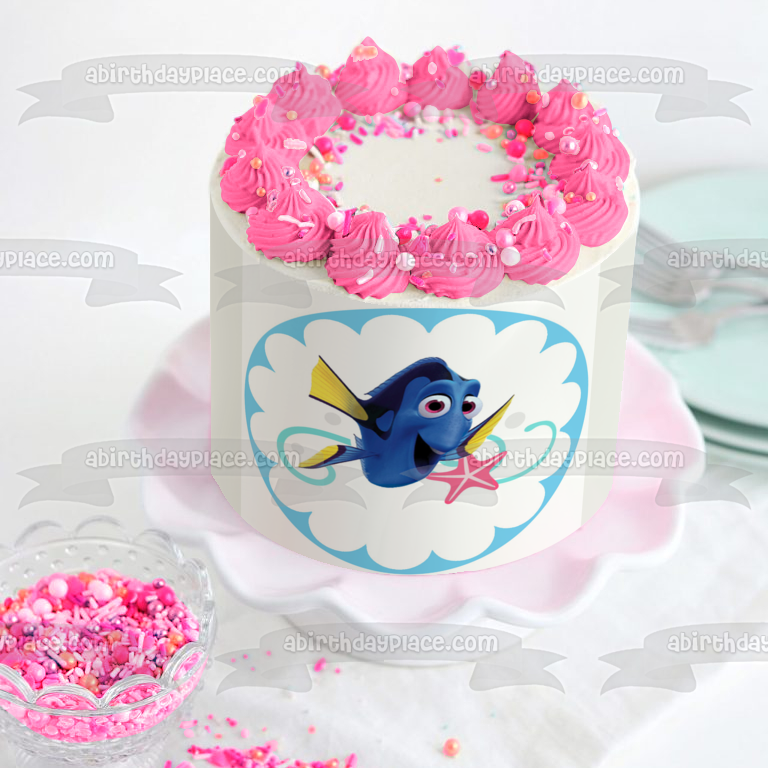 Adorno comestible para tarta festoneado de Buscando a Nemo, Dory y una estrella de mar, imagen ABPID04039