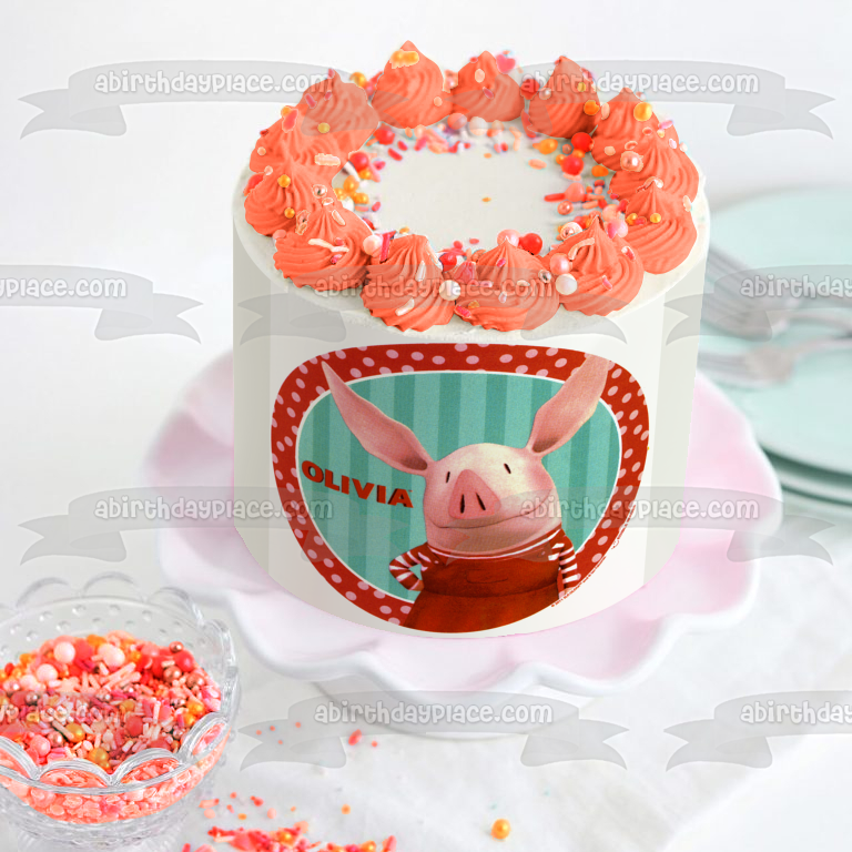 Olivia the Pig Blue Stripes Red Polka Dots Edible Cake Topper Image ABPID04066
