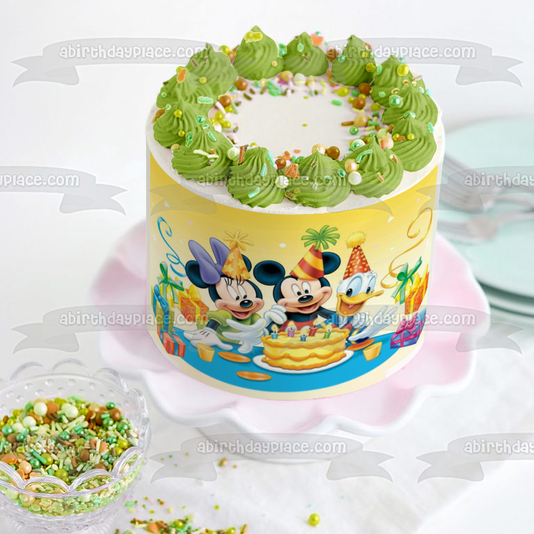 Mickey Mouse Minnie Mouse Donald Duck Birthday Cake and Presents Edible Cake Topper Image ABPID04085