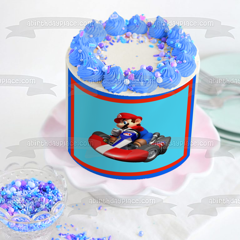 Mario Kart Mario borde rojo azul adorno comestible para tarta imagen ABPID04092