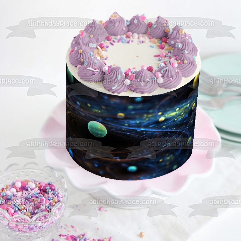 Imagen de decoración comestible para tarta con órbitas de planetas del espacio exterior ABPID04471