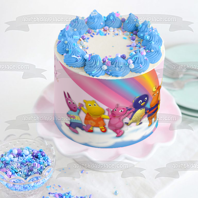 Imagen de decoración comestible para tarta de Los Backyardigans, nubes, estrellas y un arco iris, ABPID04580