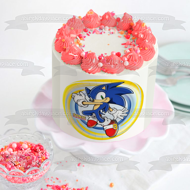 Sonic the Hedgehog Logo Sonic with a Yellow and Blue Spiral Background Edible Cake Topper Image ABPID04706
