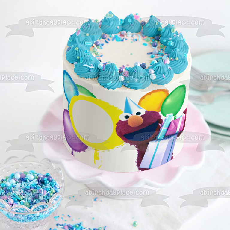 Barrio Sésamo Elmo Sombrero de fiesta Globos y regalos Marco de imagen comestible para decoración de tarta ABPID04739