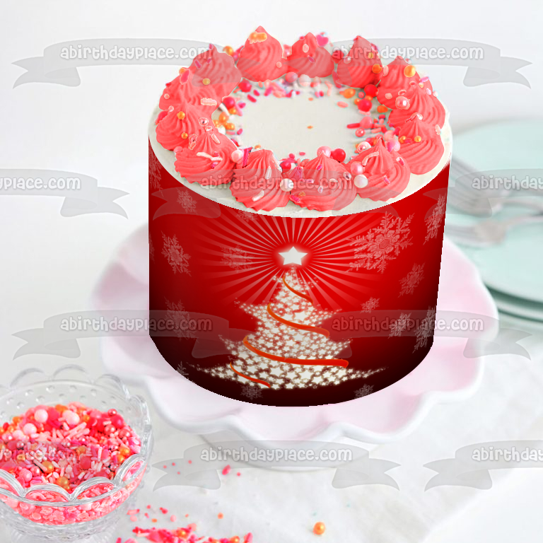 Merry Christmas White Star Tree Snowflakes with a Red Background Edible Cake Topper Image ABPID04765