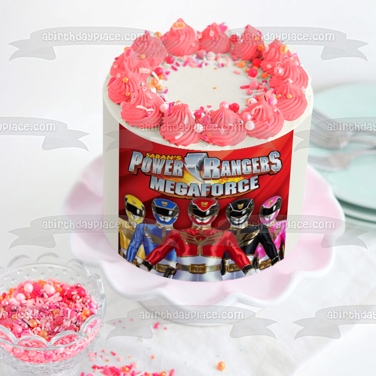 Saban's Power Rangers Megaforce Logo Red Blue Black Yellow and Pink Ranger Edible Cake Topper Image ABPID04822