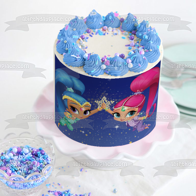 Shimmer and Shine High Five with a Star In the Background Edible Cake Topper Image ABPID04853