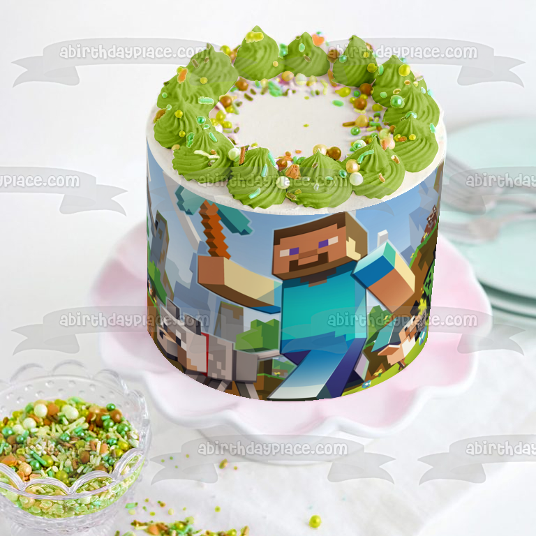 Minecraft Steve Diamond Pickaxe Wolf and a Creeper Edible Cake Topper Image ABPID04862