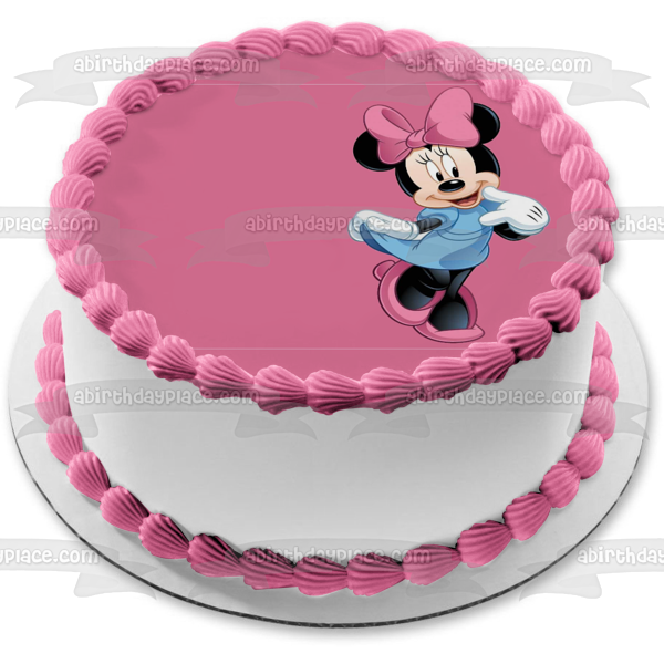 Minnie Mouse Blue Dress with a Pink Background Edible Cake Topper Image ABPID04867