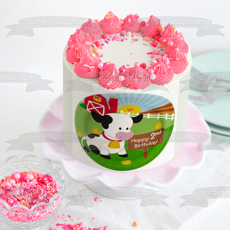 Happy 2nd Birthday Farm and a Cow Edible Cake Topper Image ABPID05010