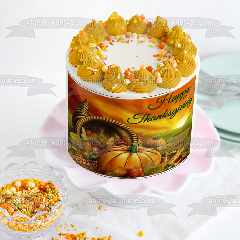Harvest Happy Thanksgiving Pumpkin Grapes and Apples Edible Cake Topper Image ABPID05066