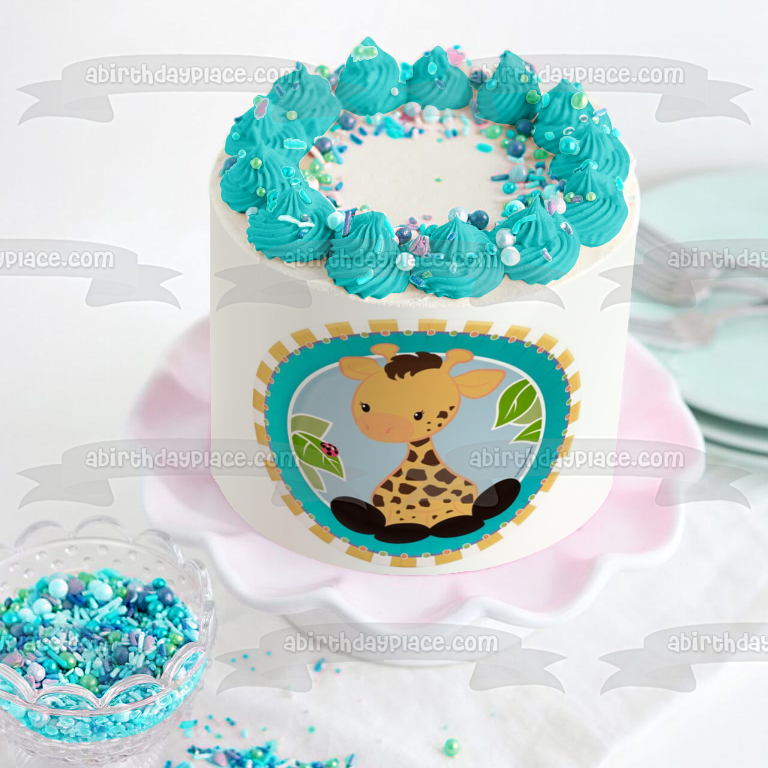 Baby Giraffe with a Ladybug on a Leaf Edible Cake Topper Image ABPID05422