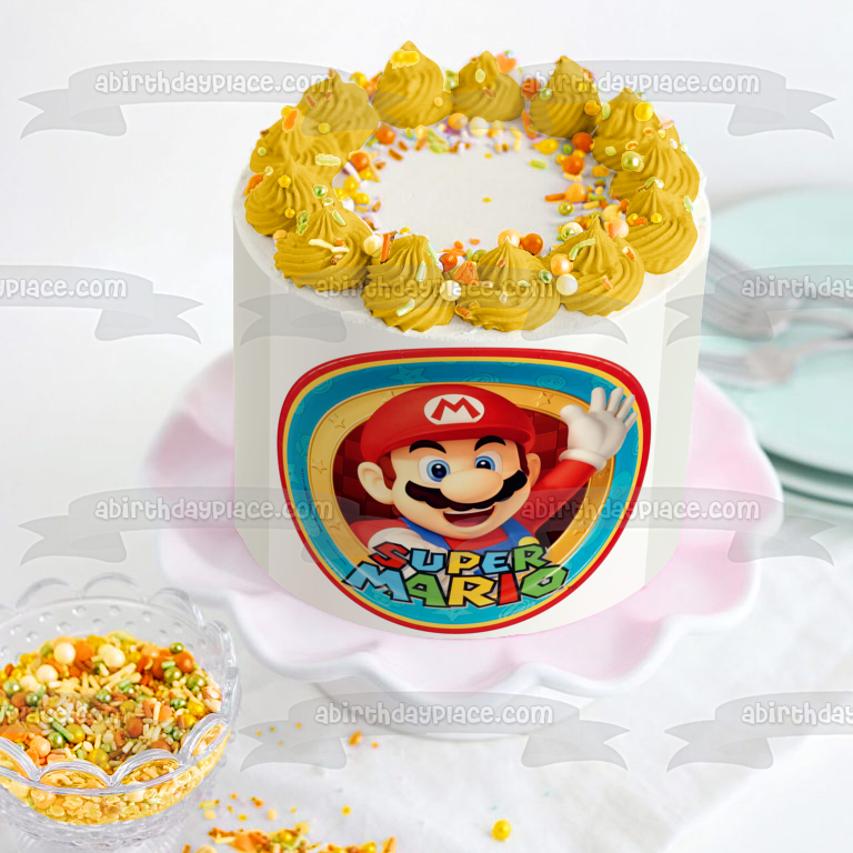 Super Mario con fondo de estrellas Imagen comestible para decoración de tarta ABPID05589