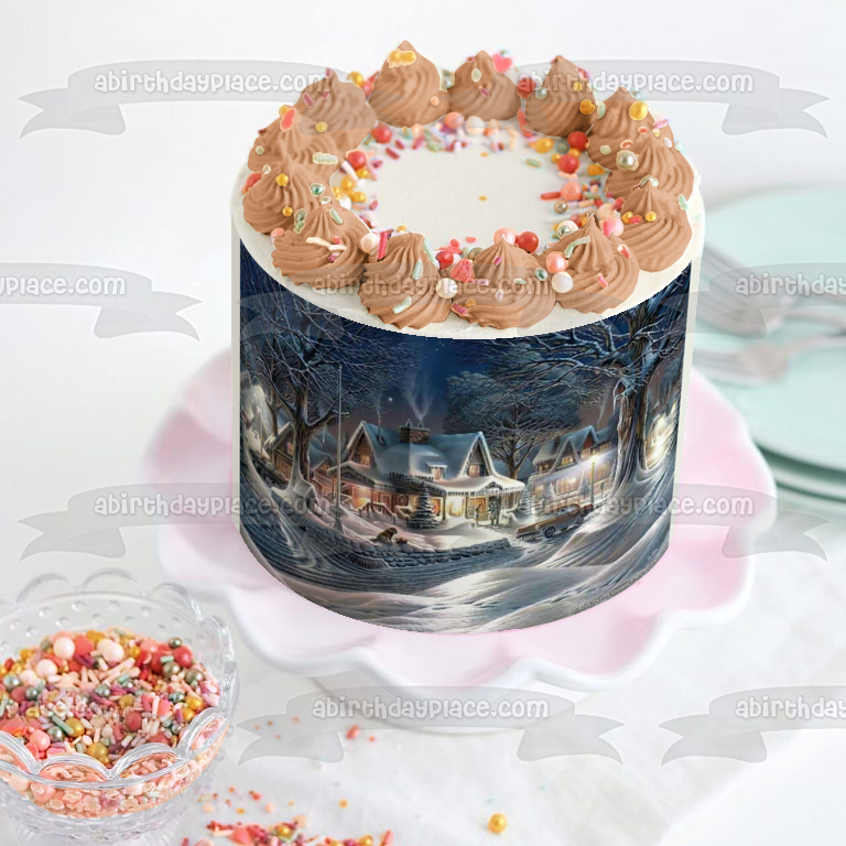 Escena de invierno, casas y árboles nevados en Navidad, decoración comestible para tarta, imagen ABPID05600