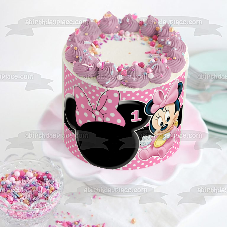 Bebé Minnie Mouse Feliz 1er cumpleaños Marco de imagen comestible para decoración de tarta ABPID05607