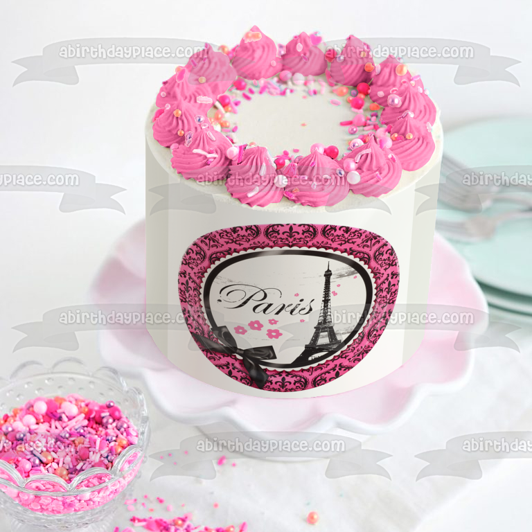 Fondo rosa de la Torre Eiffel de París con un lazo negro Imagen comestible para decoración de tarta ABPID05661