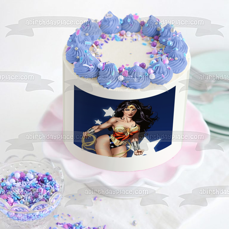 Wonder Woman Stars Blue Background Edible Cake Topper Image ABPID05816