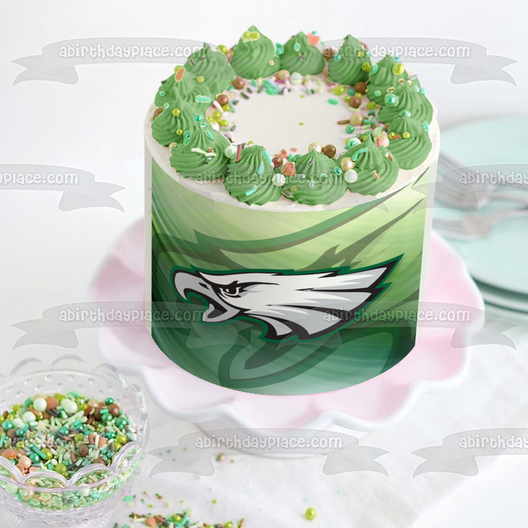 Imagen comestible para decoración de tarta con el logotipo de los Philadelphia Eagles de la NFL y un fondo verde ABPID05882