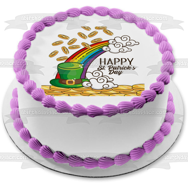 Feliz Día de San Patricio Arco Iris Sombrero de Leprechaun Monedas de Oro Decoración comestible para tarta Imagen ABPID55251
