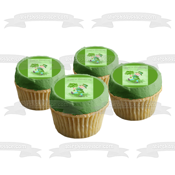 Feliz día de San Patricio Duende con tréboles Imagen comestible para decoración de tarta ABPID55254