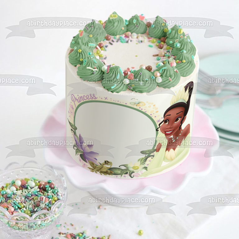 Marco de imagen comestible para decoración de tarta con flores y una rana de la princesa Tiana ABPID05923