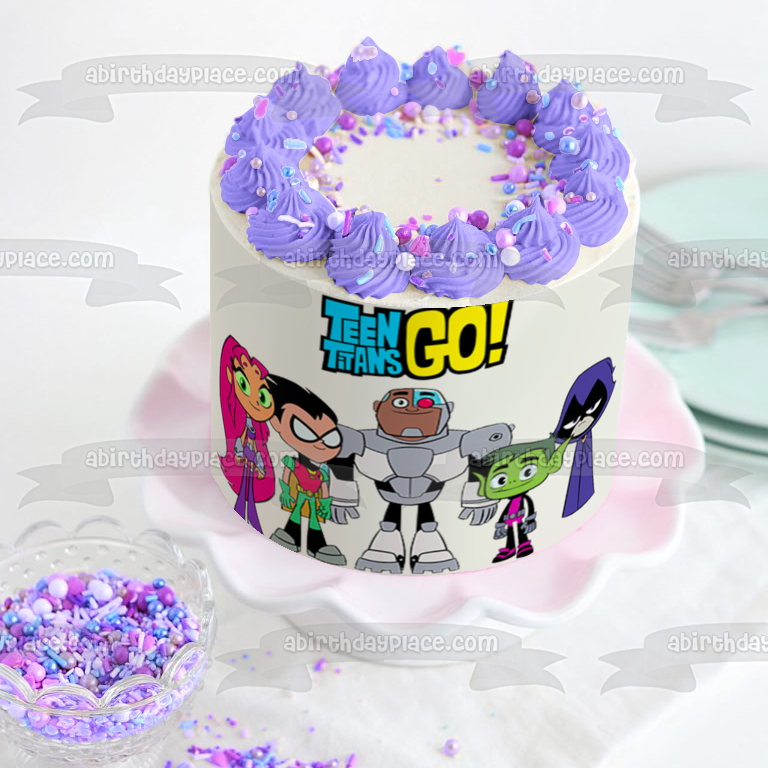 Teen Titans Go Beast Boy Starfire Robin Cyborg and Raven Edible Cake Topper Image ABPID06108