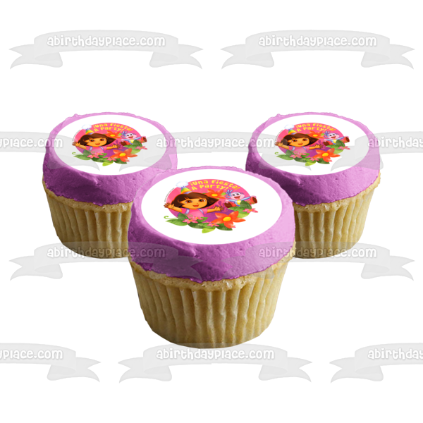 Dora the Explorer Boots a Birthday Party Hats and Flowers Edible Cake Topper Image ABPID06127